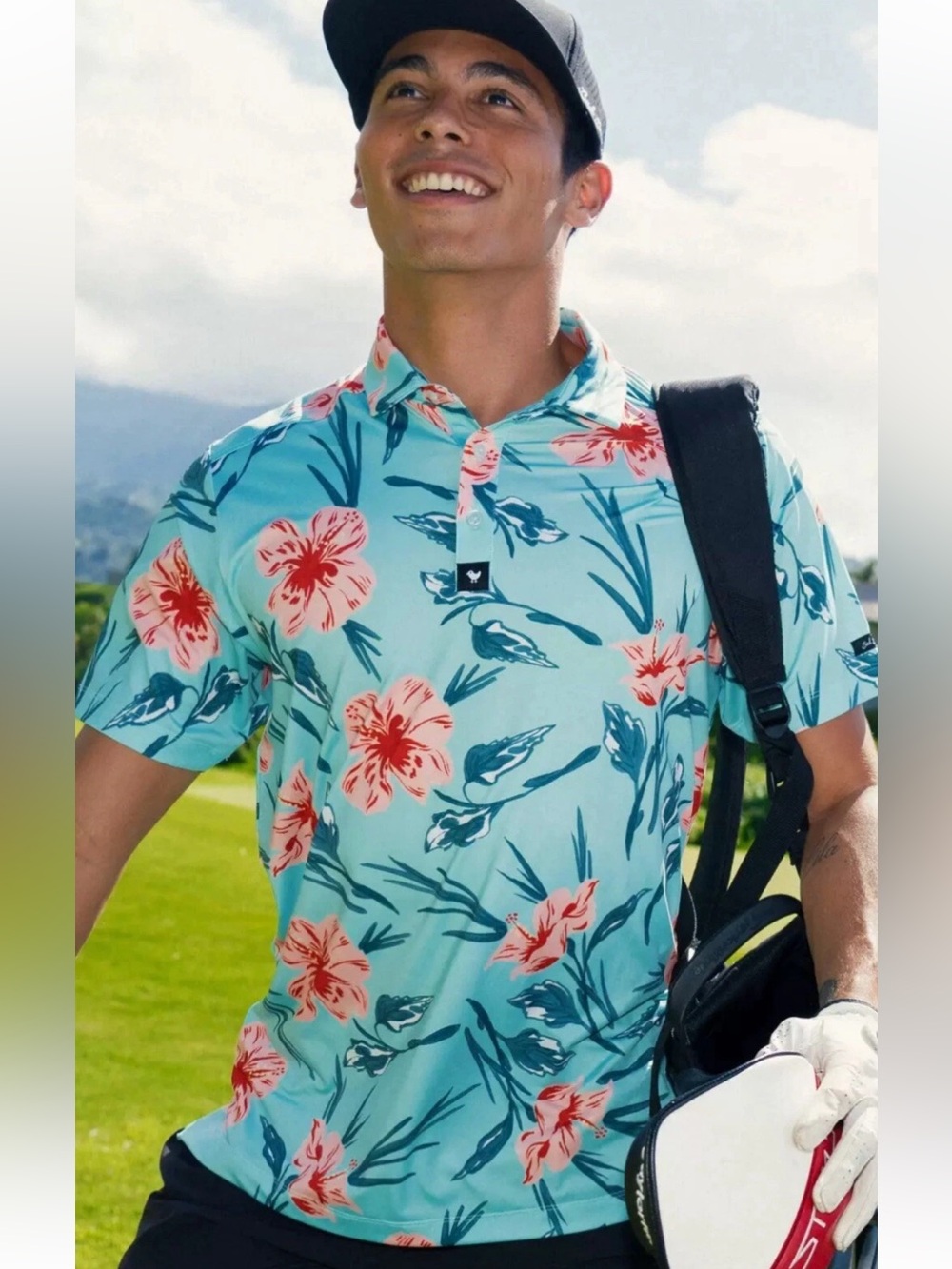 BAD BIRDIE ‘Never Lei Up’ Hawaiian Floral Print Performance Golf Polo Shirt